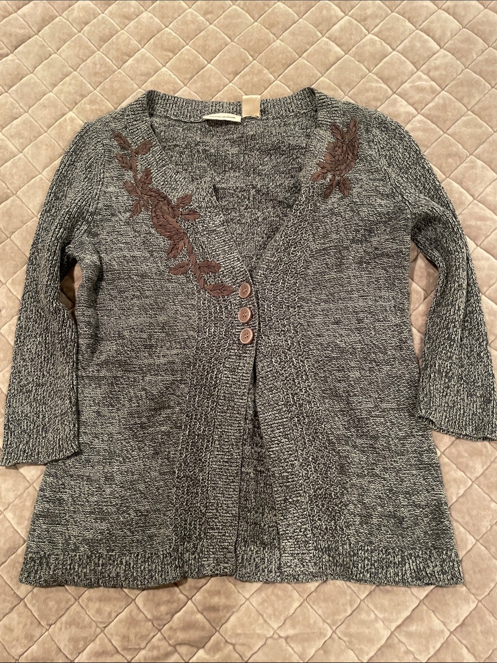 Dkny Gray Knit Cardigan with Brown Floral Embroidery